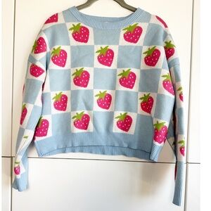Luna Ivy Strawberry Blue Checkered Sweater Medium Cottagecore Coquette Girl